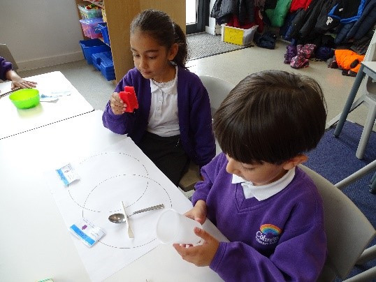 Two pupils carrying out a science experiment at a table