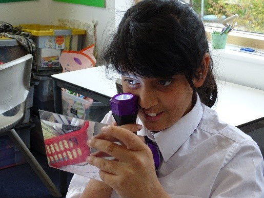 A pupil examining a model of teeth with a magnifier